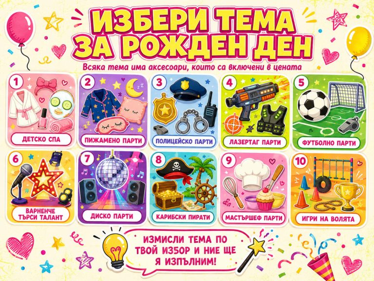 Избери тема за рожден ден – Всяка тема има аксесоари, които са включени в цената